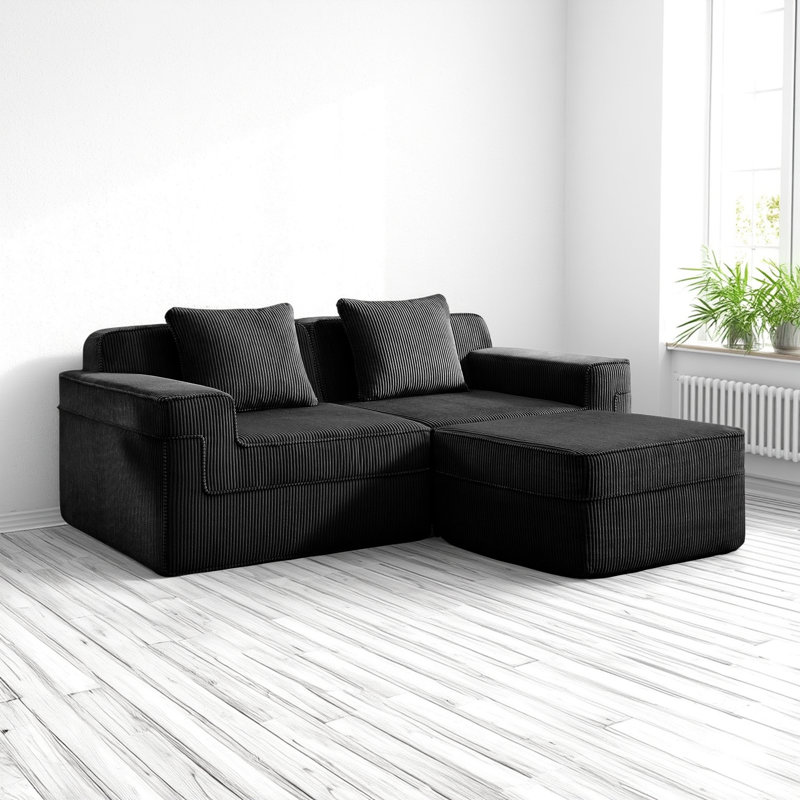 Canapé Cloud double en forme de L sans os (velours côtelé noir), la combinaison modulaire est flexible, le soutien profond du siège est très confortable, avec coussins + repose-pieds amovible, convient à une maison moderne