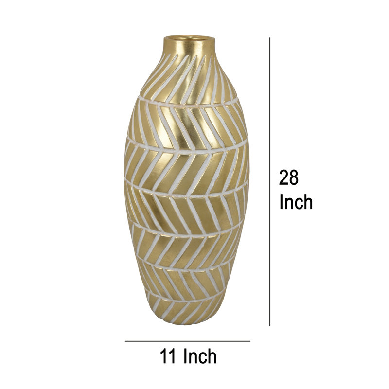 Vase décoratif, urne en résine dorée, motif doublé en blanc, 28 pouces