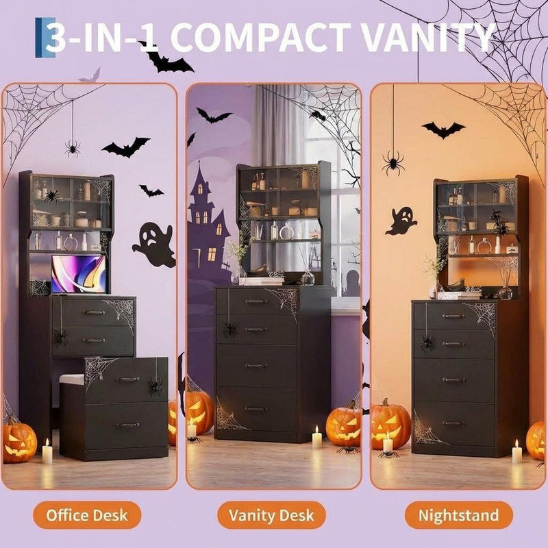 3-in-1 Vanity Desk with 3 Color LED, Compact Makeup Vanity Set with 2 AC Outlets & USB, Dressing Table with Drawers & Acrylic Doors, Nightstand Vanity Mirror, Jewelry Box, Cushioned Hidden Chair