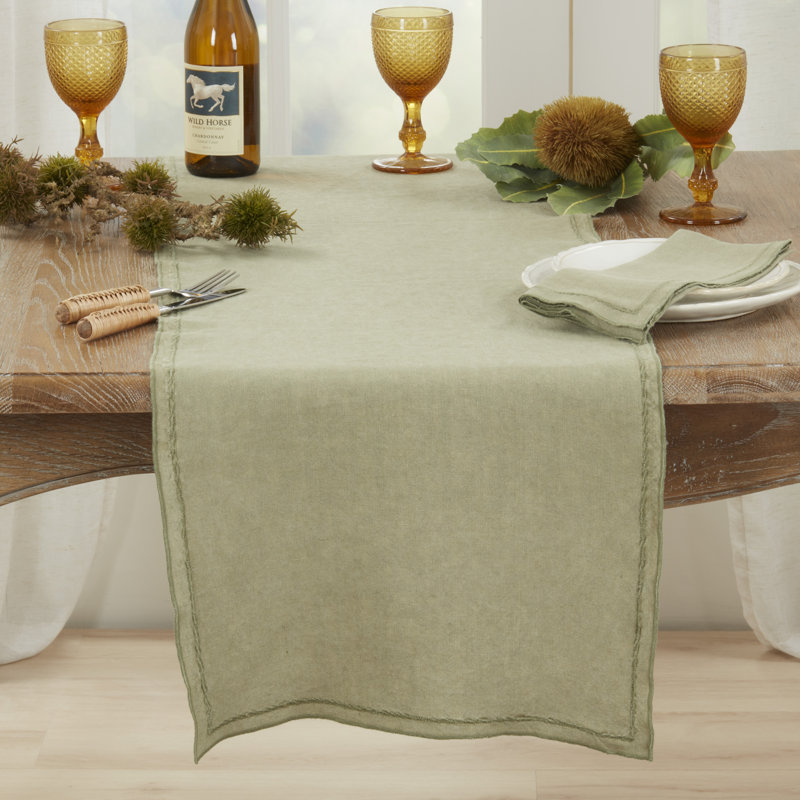 Aneta Stonewashed Overlock Edge Table Runner, Sage Green