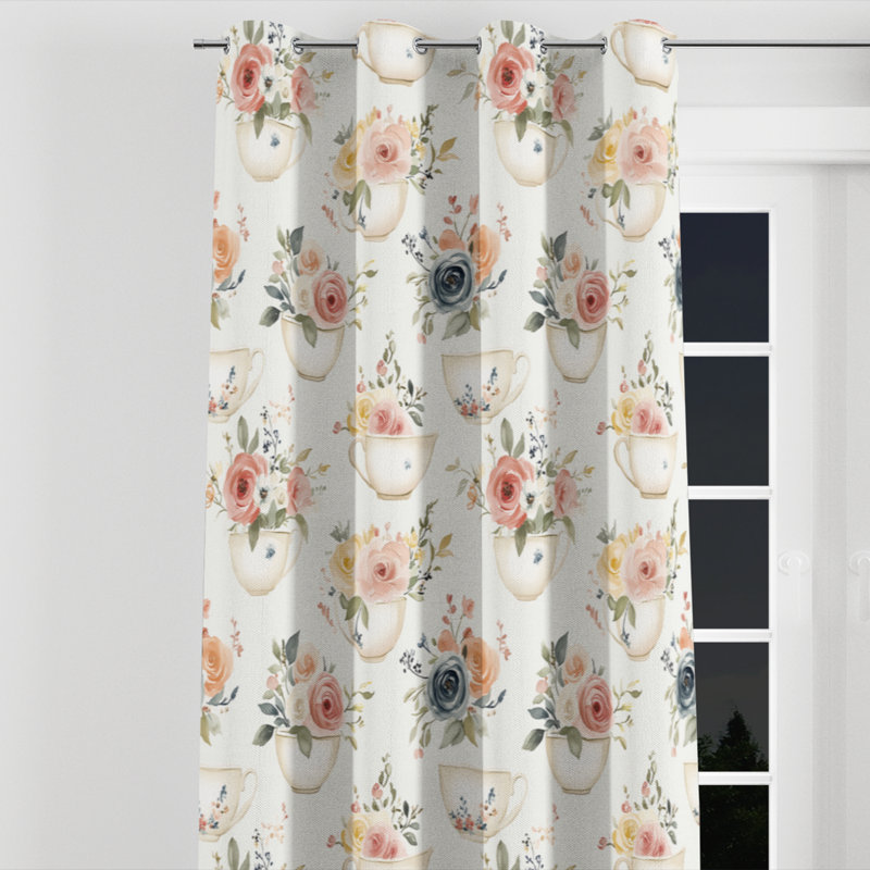 Country Farmhouse Room Darkening Curtains - Vintage Look Farmhouse Teacup Heart Florals Grommet Curtain - 1 Panel