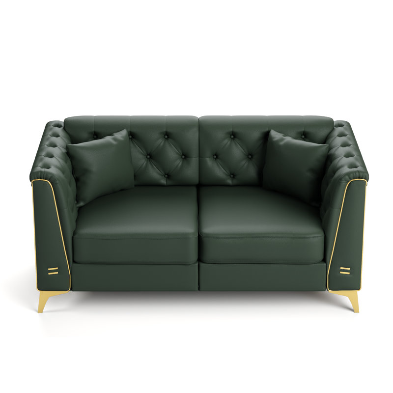 Canapé Chesterfield 2 places modulaire avec coussins capitonnés vert pour salon, appartement, L 61,8 po, Similicuir vert