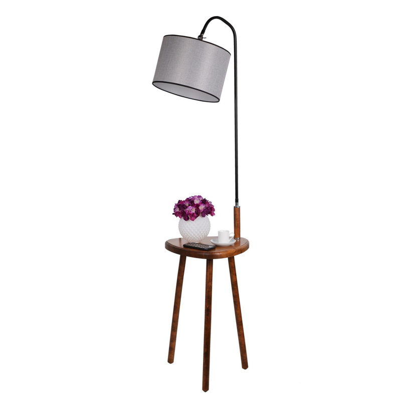 Luro Stylish Floor Lamp with Wooden Table & Metal Body, Walnut & Grey Finish, 63.0 inches Tall | Table Dimensions: 14.6 x 14.6 inches | E27 Socket, Max 60W | On/Off Switch on Cable | Modern Design for Living Room & Bedroom