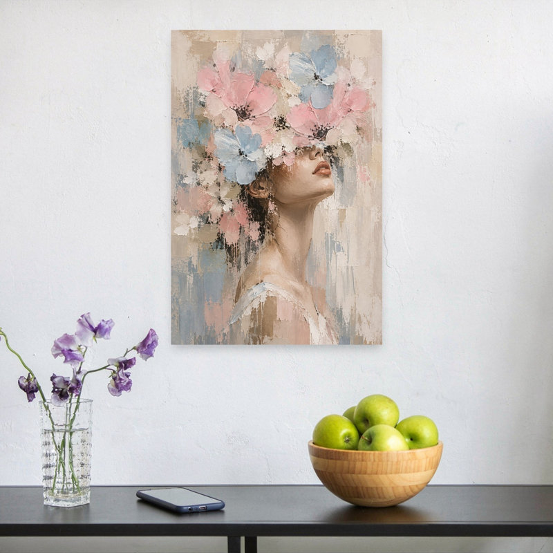 Femme rêveuse aux fleurs - Portrait abstrait contemporain - Affiche murale florale, H 24 po x l 16 po