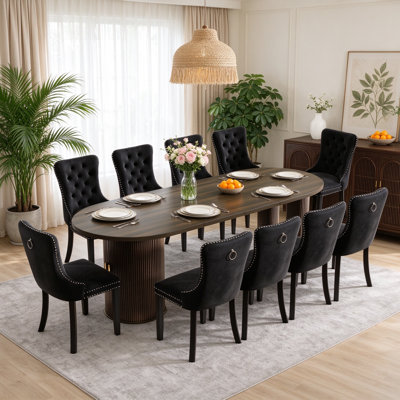 63" - 94.5"Extendable Dining Table with Fluted Storage Base and Velvet Upholstered Chairs