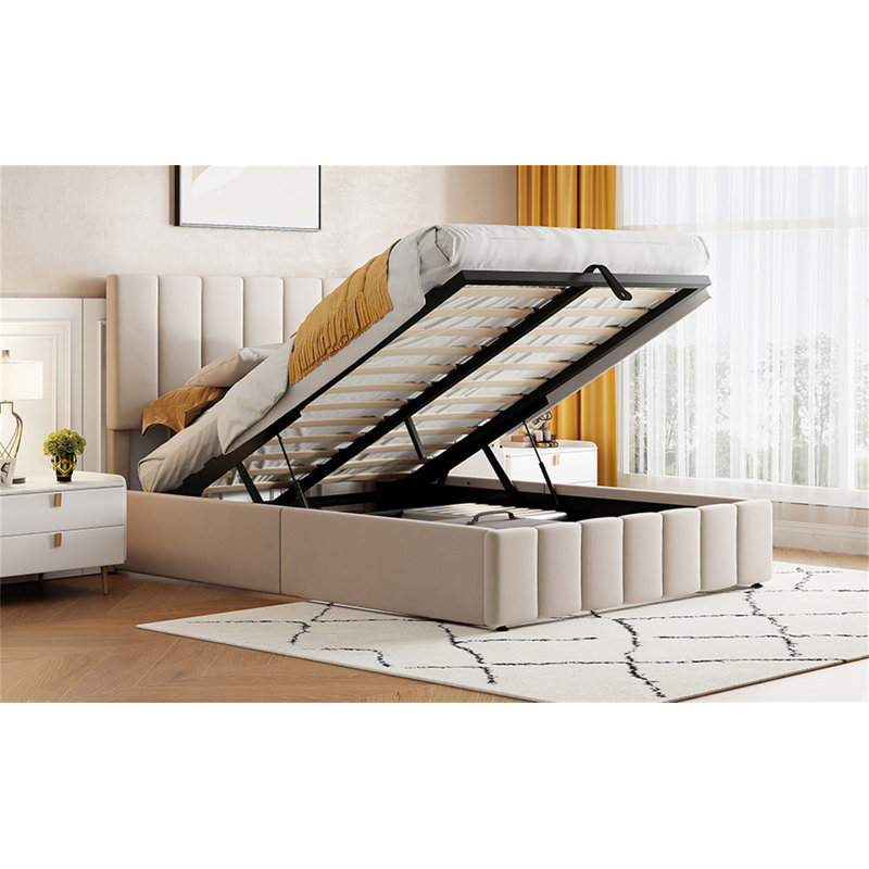 Lit plateforme tapissier avec système de rangement hydraulique - beige