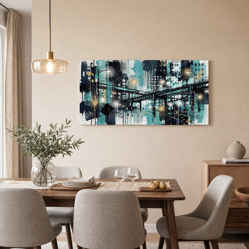 Art mural sur toile, paysage urbain sarcelle surélevé, 40“W x 20”H