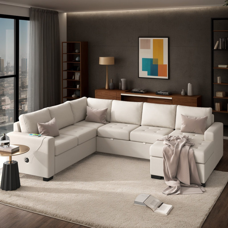 Weger Sectional Sleeper Sofa 108 inch Oversized Chenille Upholstered Sofa Bed U-Shape Sectional Couch Sleeper Bed with Pull Out Bed and Charging Ports for Living Room