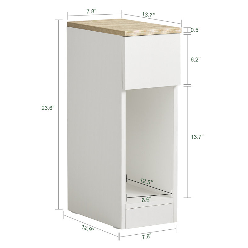 Set of 2 Narrow Nightstands 7.9'' W, End Tables Bedside Tables with Storage Drawer and Open Shelf, for Bedroom,Living Room,Small Space, White & Natural 
