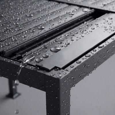 Pergola à auvent noir FLISE 10 pi x 12 pi avec toit réglable, gouttière intégrée et cadre prêt pour les rideaux