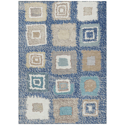 9' X 12' Navy Blue Beige And Ivory Geometric Washable Indoor Outdoor Area Rug