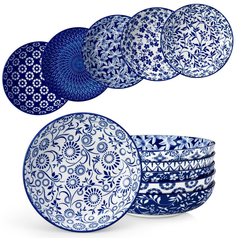 Paquet de 6 bols à pâtes en céramique à motif floral bleu 40 oz