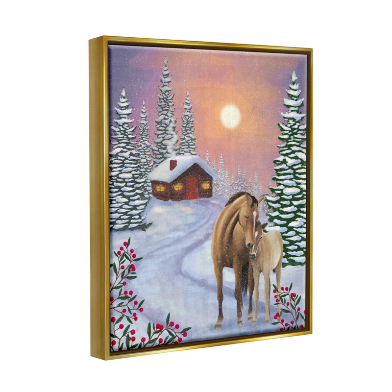 «Holiday Horses Winter Scene» par Lemon & Sugar, peinture, H 31 po x l 25 po x P 1,7 po, Cadre flottant métallique doré