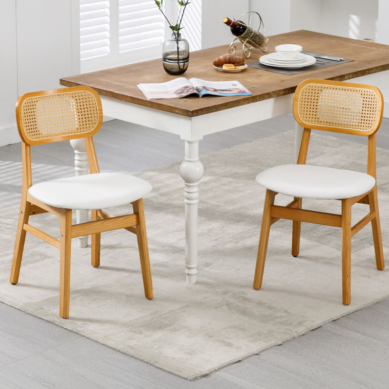 Almudena Mid-century Upholstered Rattan Dining Chairs Side Chair with Wooden Frame for Living Room Dining Room, White
