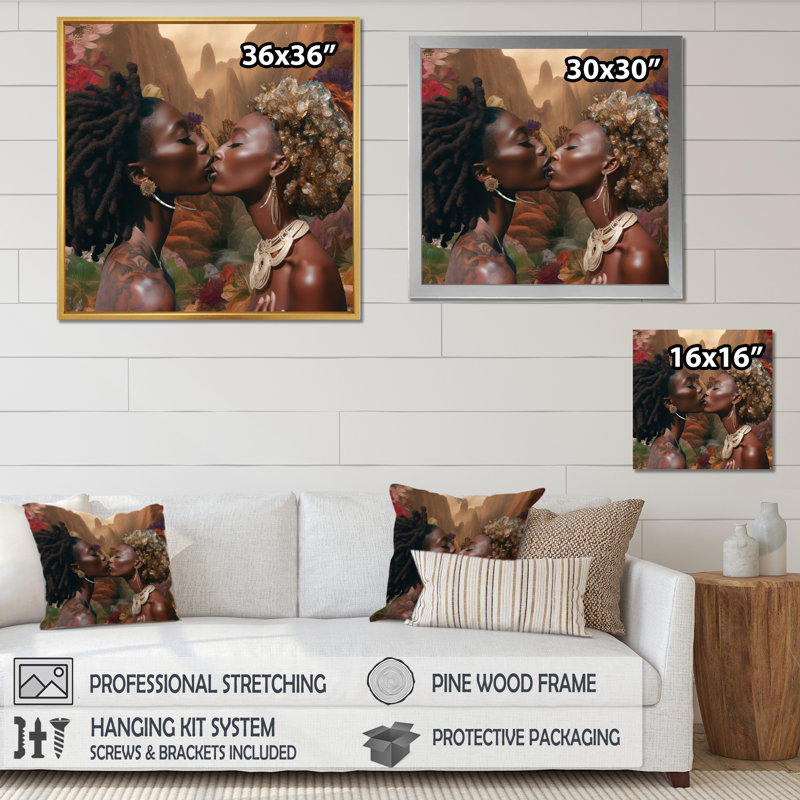 «Kissing African Goddess Divine Love I», reproduction sur toile, Cadre flottant blanc, H 36 po x l 36 po x P 1,5 po