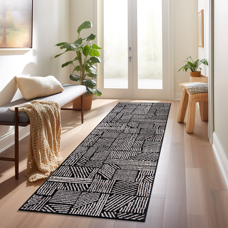 Rambo Geometric Black/Ivory Area Rug, Runner 2'7" x 10', Black