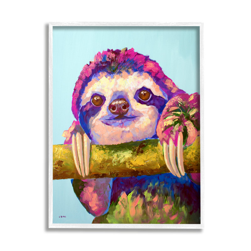 " Happy Sloth Bold Wildlife Animal " by Jen Seeley Painting Print, 20" H x 16" W x 1.5" D, Coastal White Framed Giclee