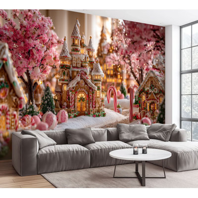 Wall Mural Peel and Stick Wallpaper Christmas Winter Wonderland Village Candy Cane Pathway Castle Self-Adhesive Removable Contact Paper Wall Decor for Living Room Bedroom 100"H x 144"W