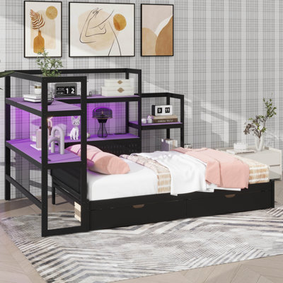 Lit de jour contemporain pour lit simple avec bureau intégré, 3 tiroirs de rangement, station de charge et bibliothèque de tête de lit polyvalente, avec DEL