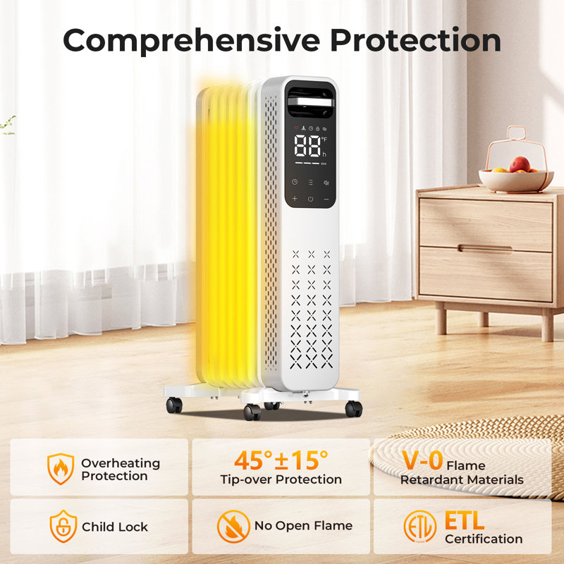 Electactic  1500W Oil Filled Radiator Heater - Remote Control, 4 Modes, Digital Thermostat, Gray