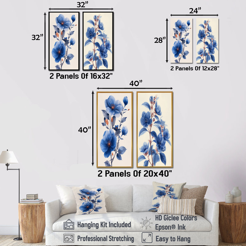 «Blue Cherry Blossom Beauty III» - ensemble d'art mural 2 pièces, Toile tendue, H 28 po x l 24 po