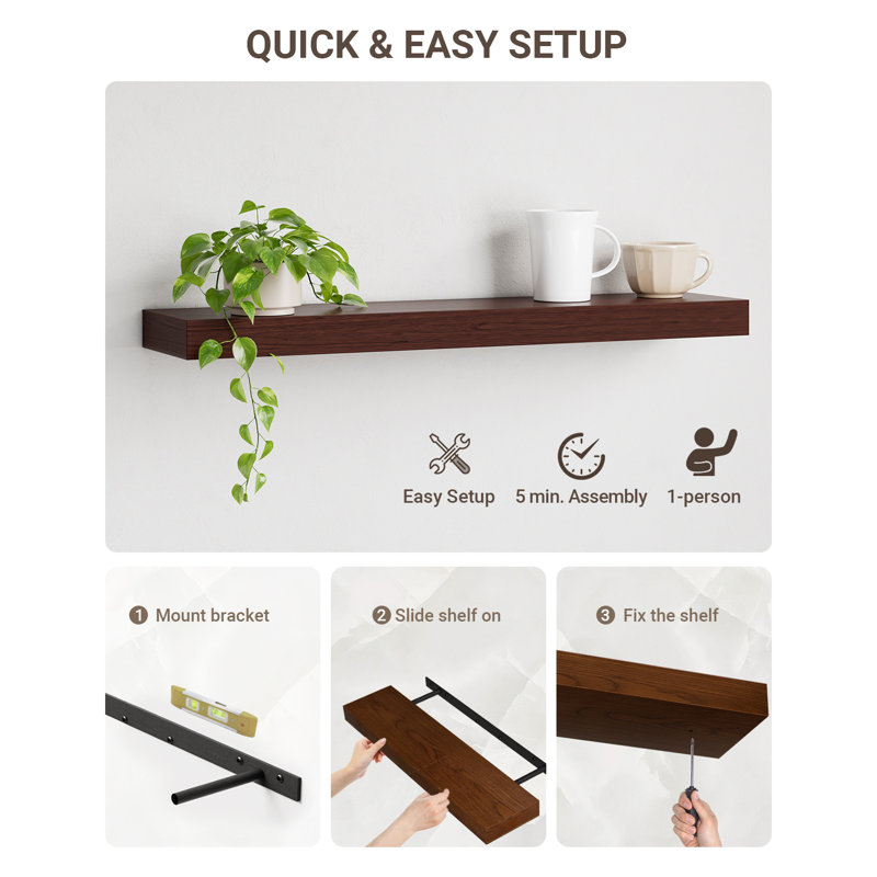Friesen 2 Piece Painted Wood Floating Shelves, Bathroom Wall Shelves 2 Inches Thick, Dark Brown Wood, 2" H x 15" W x 8" D