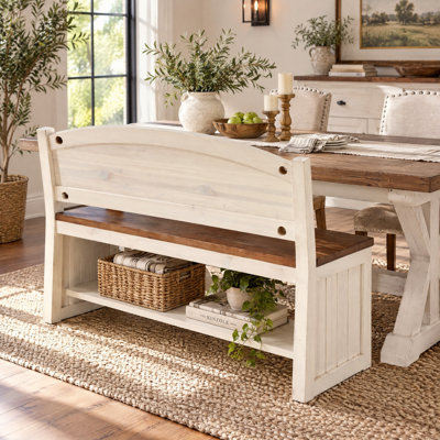 Banc de salle à manger en bois massif 47,2 "avec dossier et tablette de rangement - Banc de ferme bicolore pour la salle à manger, la cuisine ou le vestibule