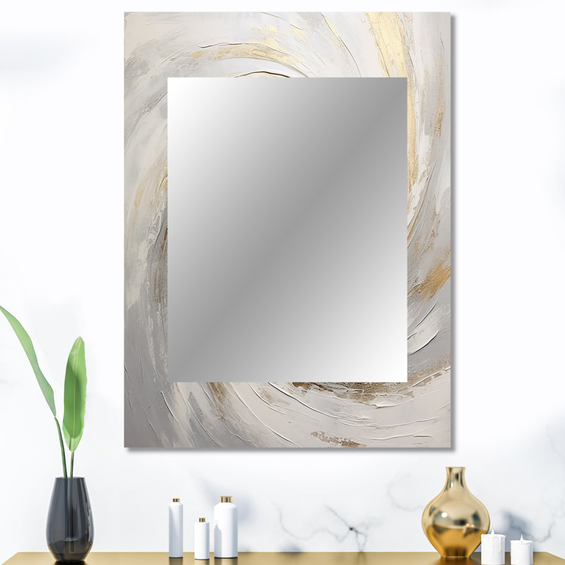 Gold And White Soft Wave Vortex V - Abstract Spirals Unique Mirror, Beige Large Wall Mirror, Printed Metal Art, 40" x 30"
