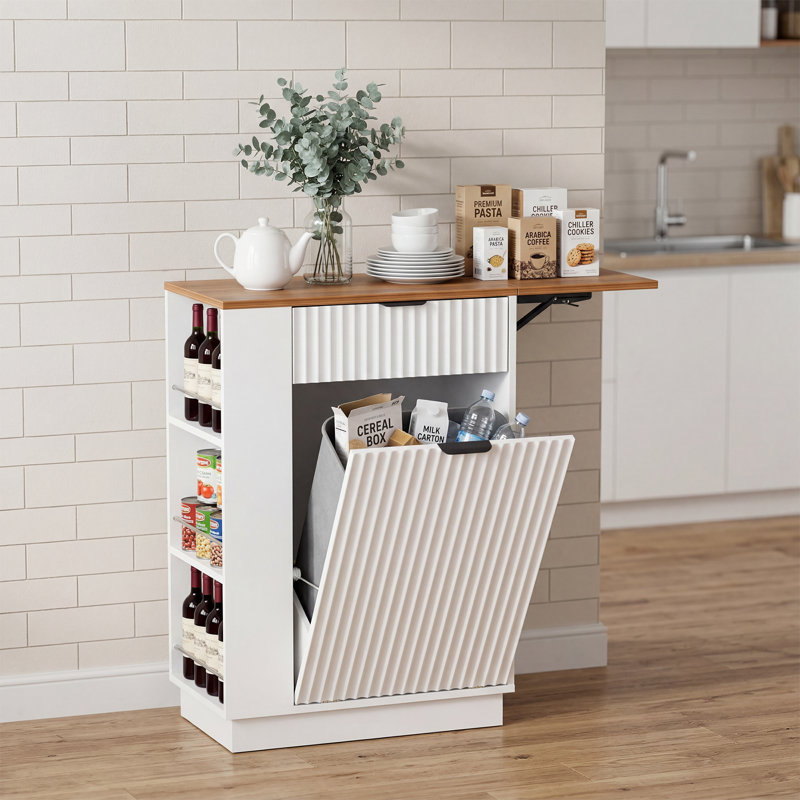 Îlot de cuisine extensible avec poubelle cachée - Armoire poubelle coulissante avec tablettes de rangement et tiroir, blanc et noyer