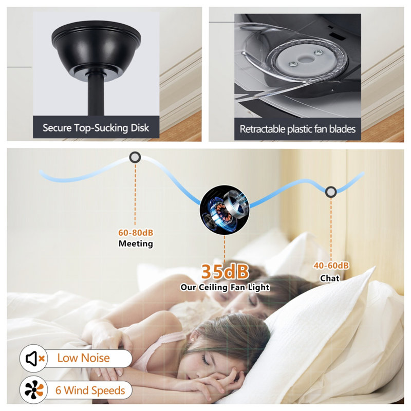Ventilateur de plafond lumineux rétractable de 42 pouces avec ventilateur encastré et télécommande, Noir