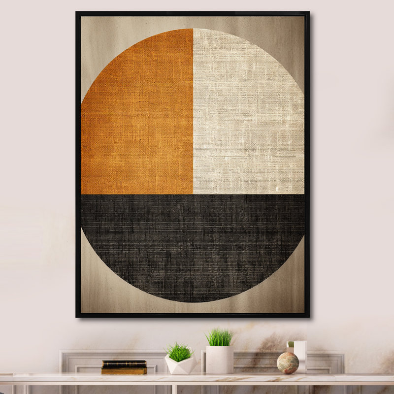 Formes géométriques orange et noires - Collages abstraits, art mural, Cadre flottant noir, H 44 po x l 34 po x P 1,5 po