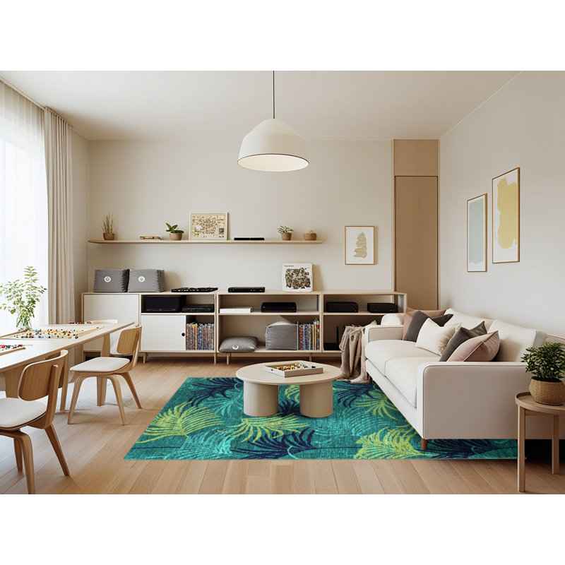 Tapis bleu / vert en chenille tissé à la machine Raimunda, Rectangle 7 pi x 9 pi