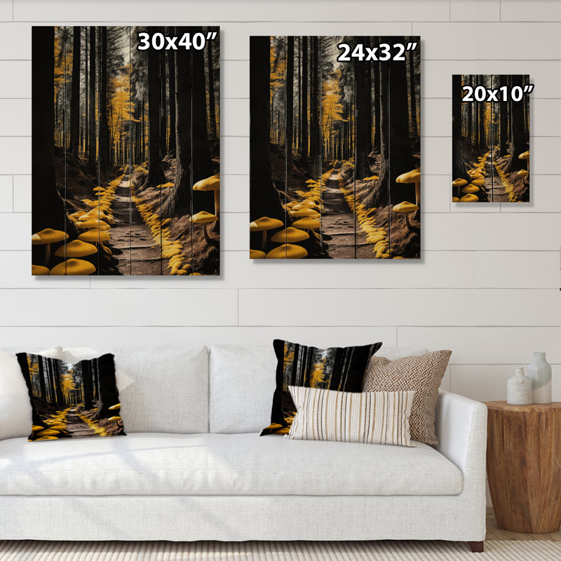 Sentier de forêt jaune et noir II - impression paysage et nature sur bois de pin naturel, H 40 po x l 30 po x P 0,78 po