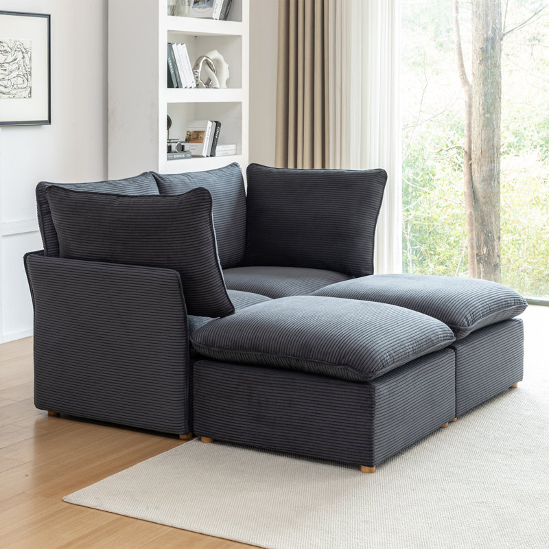 Canapé modulaire en velours côtelé 4 pièces avec deux repose-pieds Hepworth, Velours côtelé gris
