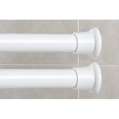 This 2pcs set of white expandable spring-loaded tension rods adjusts from 31 to 76 inch; the no-drill shower curtain rods are intended for bathrooms, doorways, kitchens, and curtains.