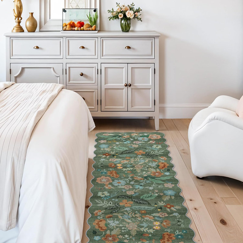 Floral Scalloped Kitchen Rug Non Slip, 2' x 5'
