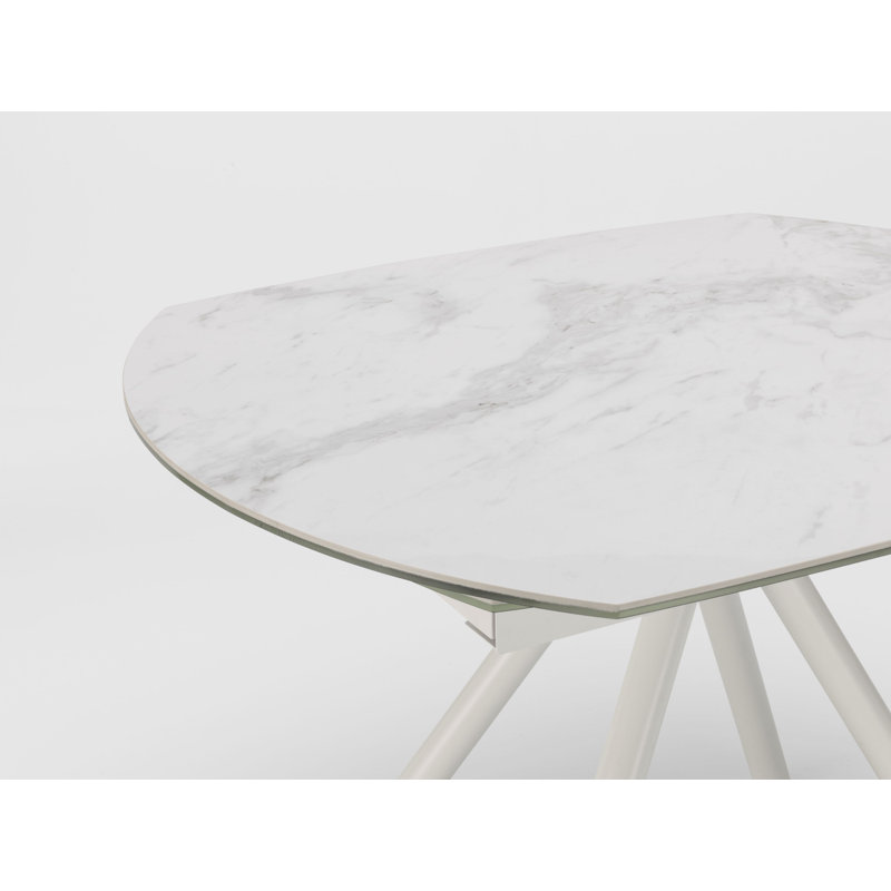 Brillion Extendable Oval Glass Top Metal Base Dining Table, White Marble