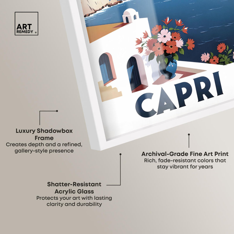 Capri Shadowbox Print Summer Art Prints par Art Remedy, H 37 po x l 25 po, Blanc