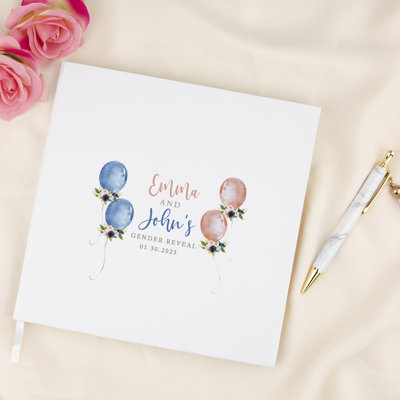 Livre d'or sur mesure personnalisé avec détails dorés, ballons roses et bleus personnalisés, livre d'invités blanc dans le registre 120 pages 8,5 x 8,5 souvenirs pour bricolage, album, album photo