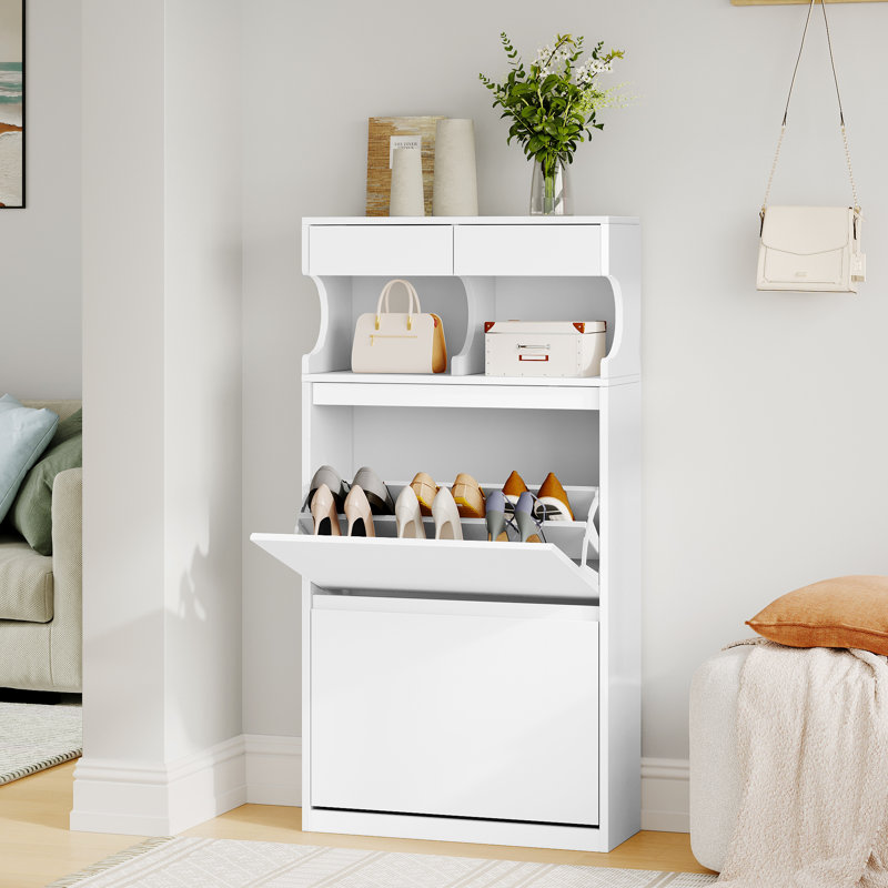 Wooden Shoe Cabinet with 2 Flip Drawers, Pull Down Shoe Cupboard with Open Compartment, Shoes Rack Cabinet for Hallway, Living Room, White, 2 Drawers 