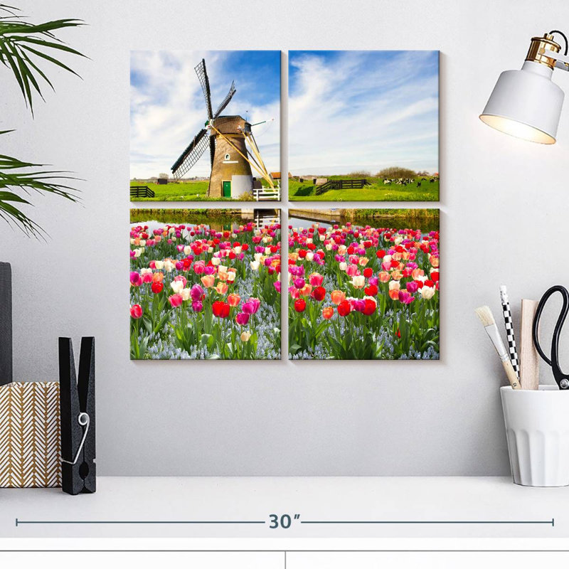 Moulin à vent et tulipes Alvord Holland, H 18 po x l 18 po