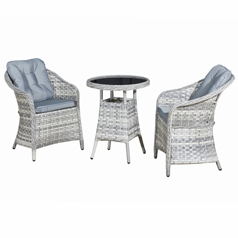 Sicilia Rattan 2 Seat Bistro Set in Dove Grey with Black Glass
