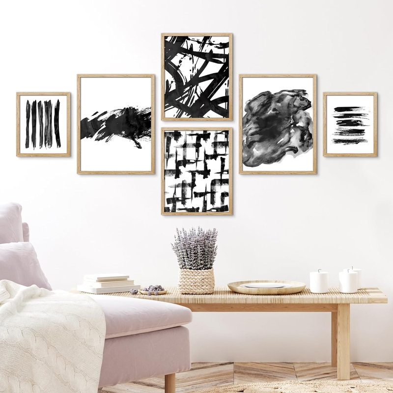 Collage noir et blanc, coups de peinture grunge, formes abstraites, art moderne encadré sur papier, 6 pièces, Encadré naturel