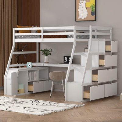 Clemton Twin Size Loft Bed with 7 Drawers 2 Shelves and Desk