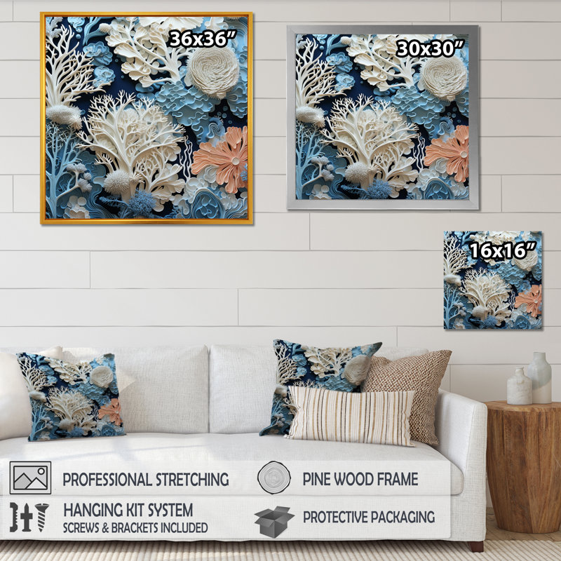 Under Water Blue and White Corals Collage I - Coastal, reproduction sur toile encadrée, H 16 po x l 16 po x P 1 po