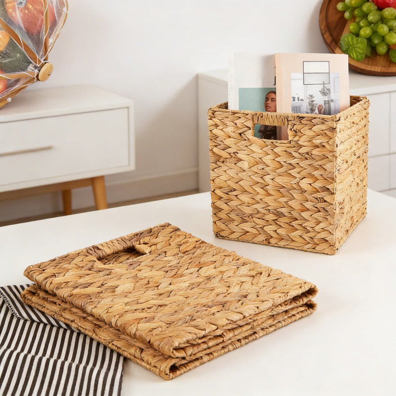 Handwoven Water Hyacinth Storage Baskets, 12-Pack Foldable Cube Bins With Handles For Home Organization, Laundry, Shelves, And Closet