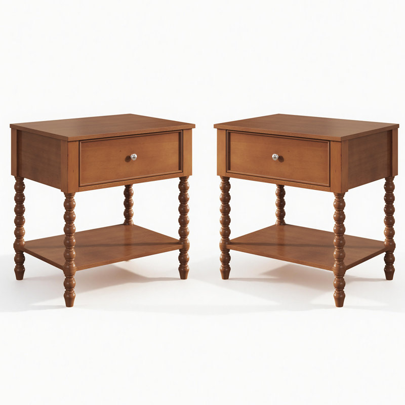 24'' Turned Solid Wood Spindle Nightstand with Drawer&Open Shelf,Brown, Brown,  Set of 2