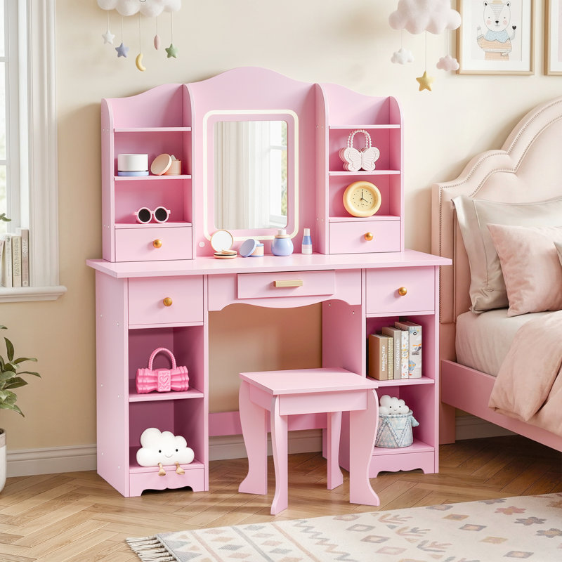 Kids Vanity With 3-color Led Lights, Girls Vanity Set With Mirror And Stool, 2 In 1 Princess Pretend Play Makeup Dressing Table With Open Shelves, Storage Cabinet, Drawer For Little Girls(pink)