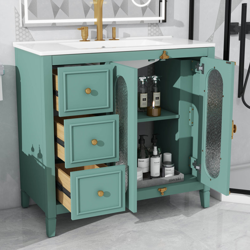 Meuble-lavabo de 36 pouces avec lavabo en céramique, armoire de rangement de salle de bain avec 3 tiroirs, 2 portes et 2 tablettes latérales ouvertes, style rétro