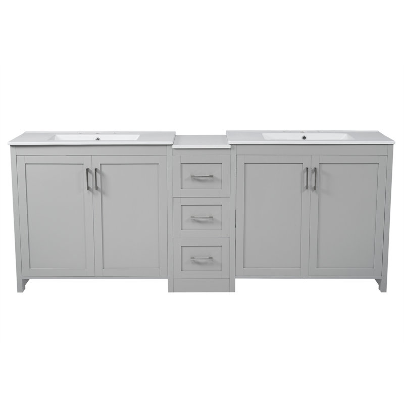 Meuble-lavabo double 84 po, 2 lavabos en céramique et un comptoir, avec tablettes réglables et 3 tiroirs, grand espace de rangement, poignées en métal argenté et charnières à fermeture en douceur, 